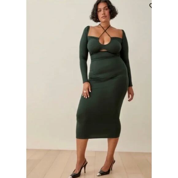 Reformation Dress Small Alexei Knit Cut Out Green Midi Bodycon Party Date Night - Picture 2 of 13